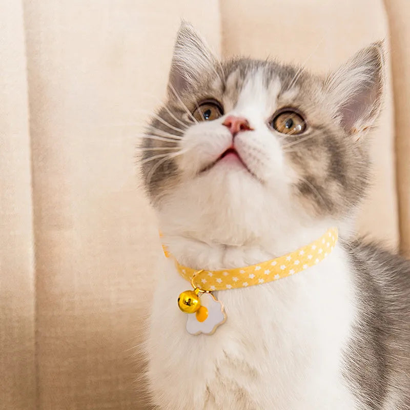 Green adjustable cat collar with a metal bell and red bow tie on a white background.