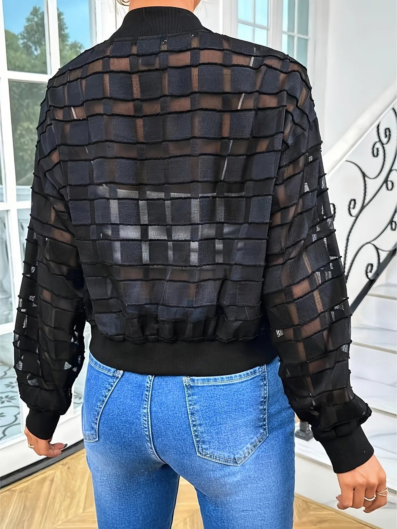 Black geometric pattern women's casual jacket with semi-transparent thread zipper