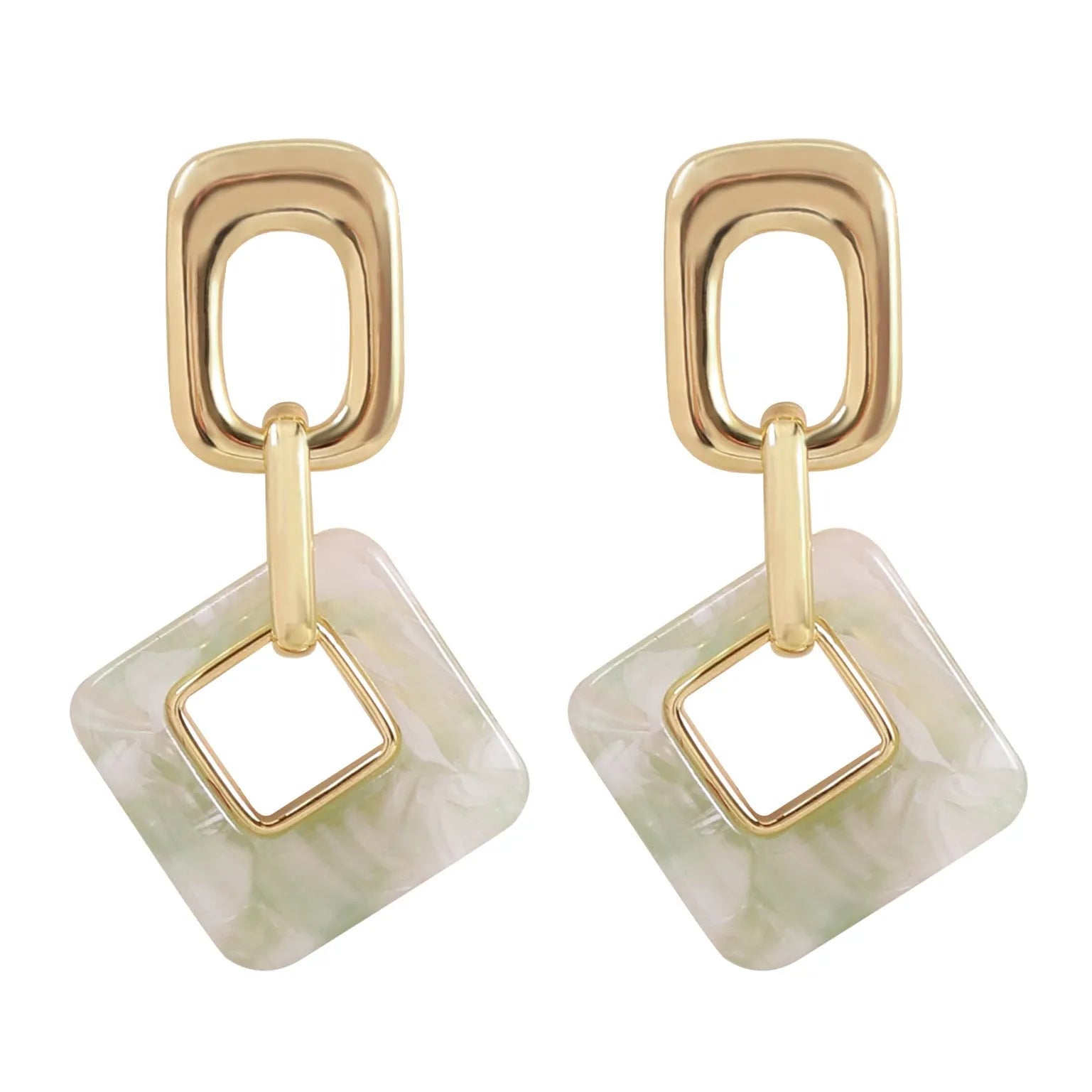 Dignified hollow geometric square copper earrings with electroplated finish on white background