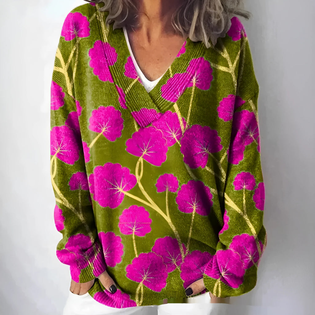 Women's V-neck long sleeve sweatshirt with a 3D floral art retro pattern in various colours