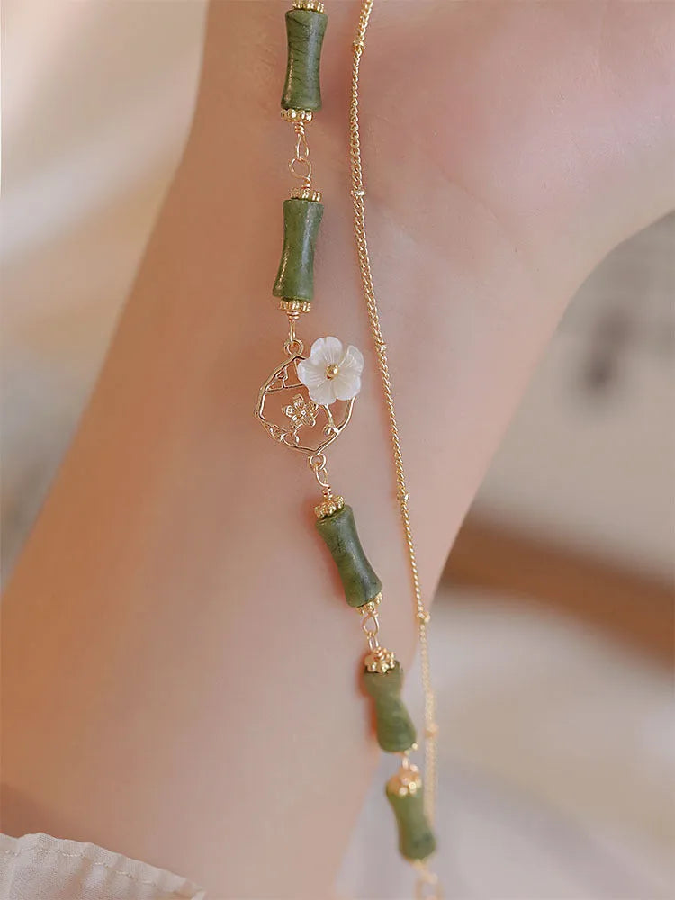 Natural olivine double layer bracelet with Twin Bells of Ireland charms and olive branch decoration
