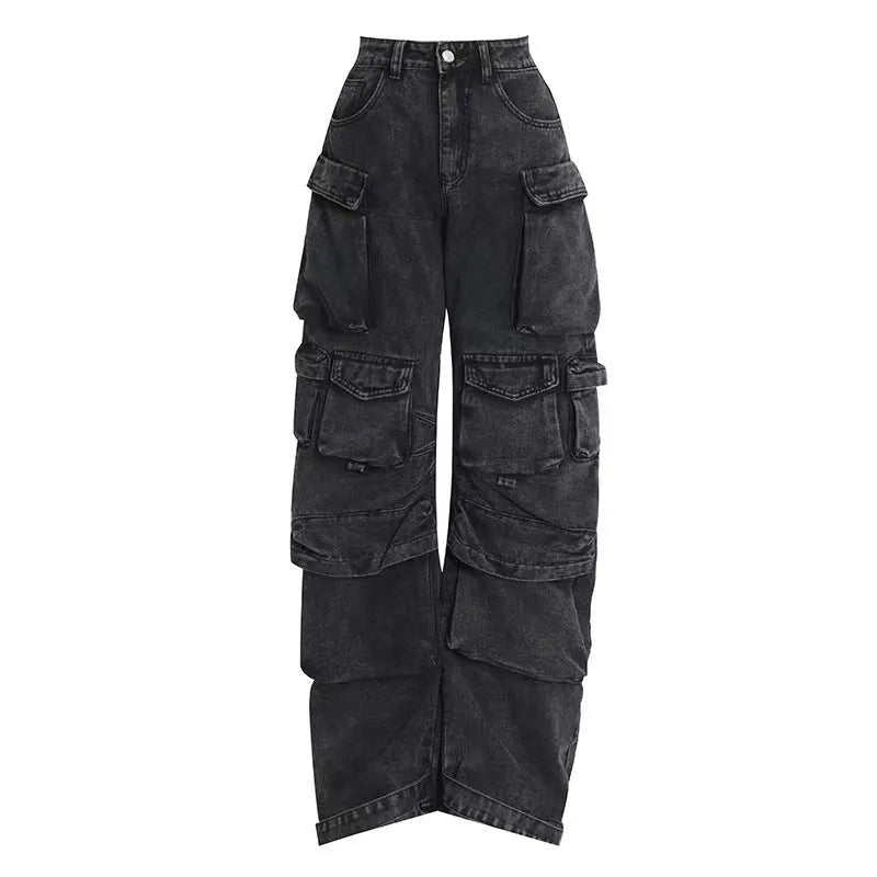 Blue high waist wide leg women's trousers with multiple pockets on a street style background.