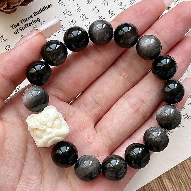 Xingshi obsidian single circle prayer beads bracelet for men, 12mm chamfered square-grain beads on hand