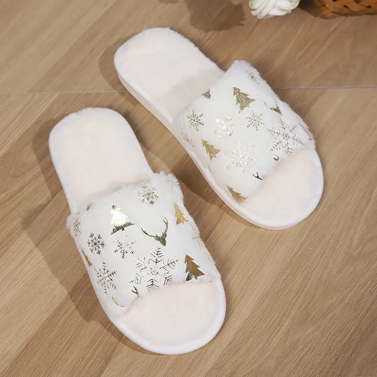 White Christmas plush open-toed slippers with non-slip PVC sole, featuring tree and snowflake decorations
