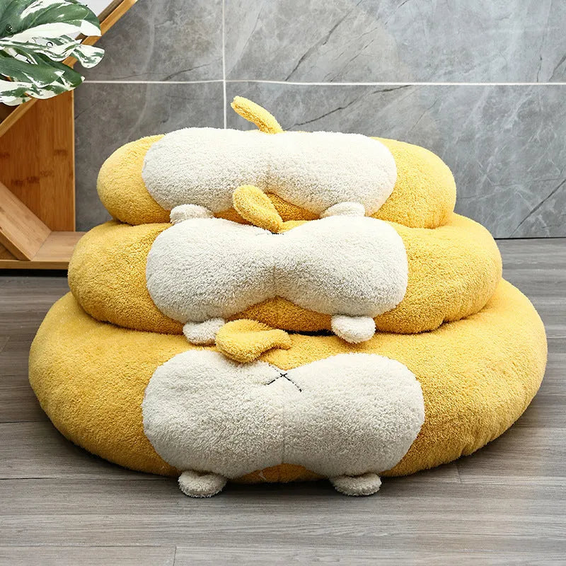 Corgi shaped soft plush pet bed for dogs and cats with PP cotton filling on a floor