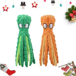 Blue octopus plush dog toy with no stuffing, featuring crinkle paper and squeaker sounds for interactive chew play.