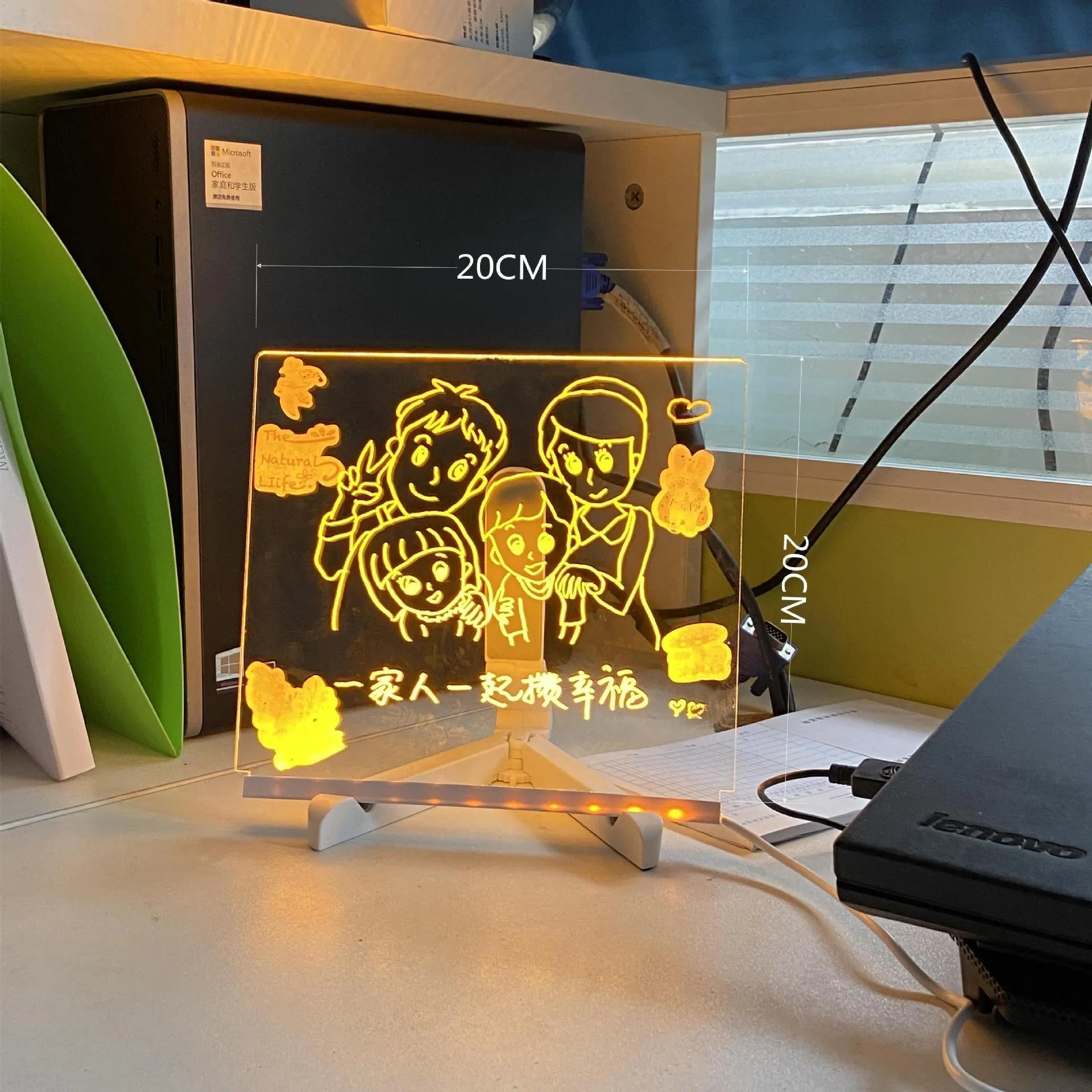 Acrylic DIY note board LED night light showing a transparent board with written messages, USB power, and bracket setup