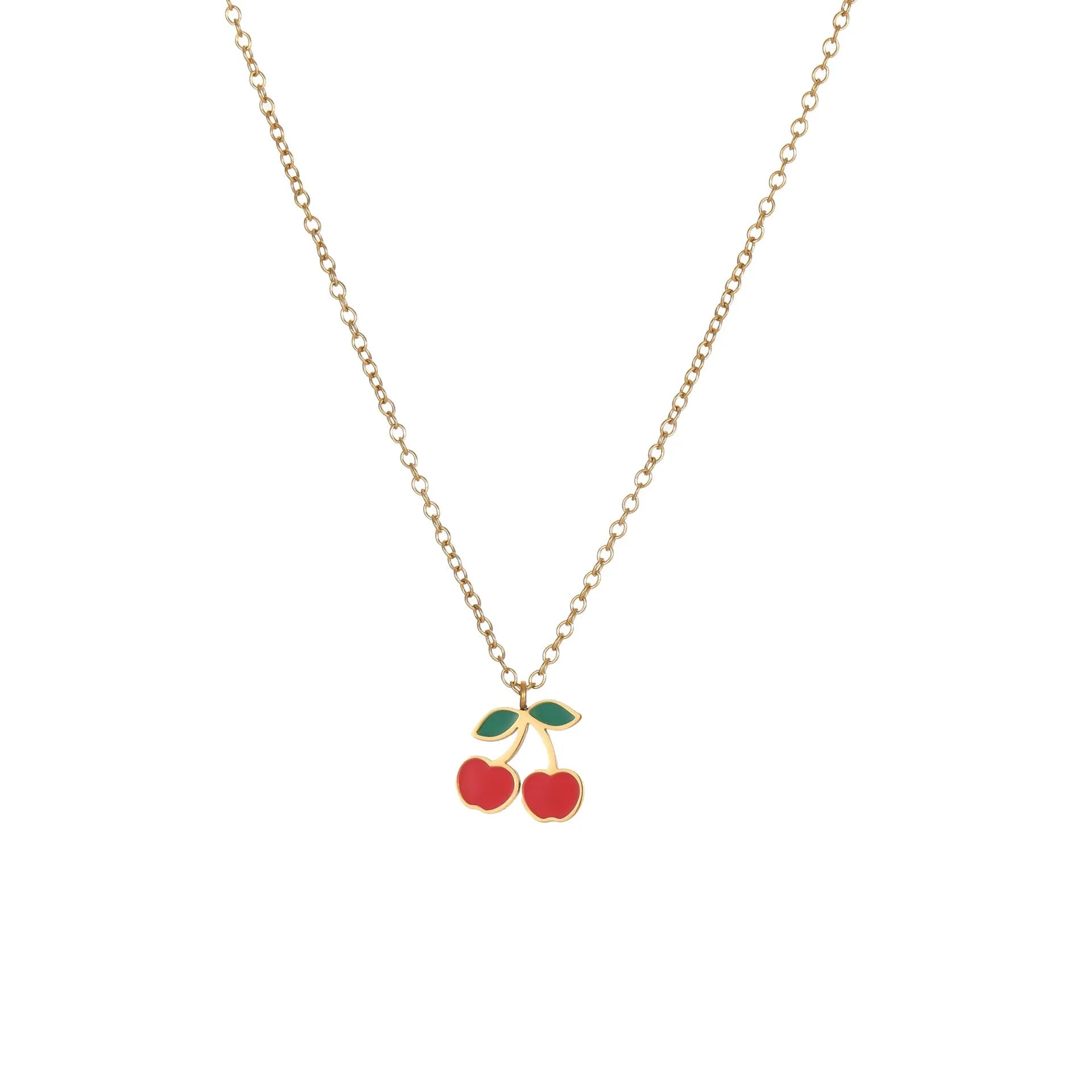 Complete cherry jewellery set with stainless steel necklace, bracelet, earrings, and ring featuring 18K electroplating