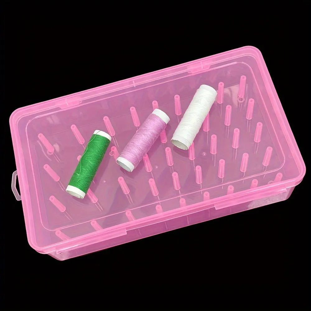 Plastic embroidery storage box with 42 numbered compartments in transparent, pink, or blue colour.