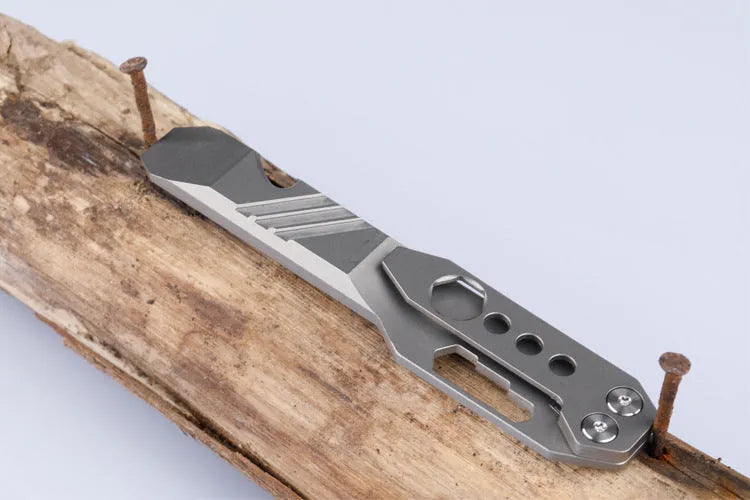 Titanium alloy TC4 multi-function crowbar with pry tip, screwdriver, and bottle opener in stone wash finish