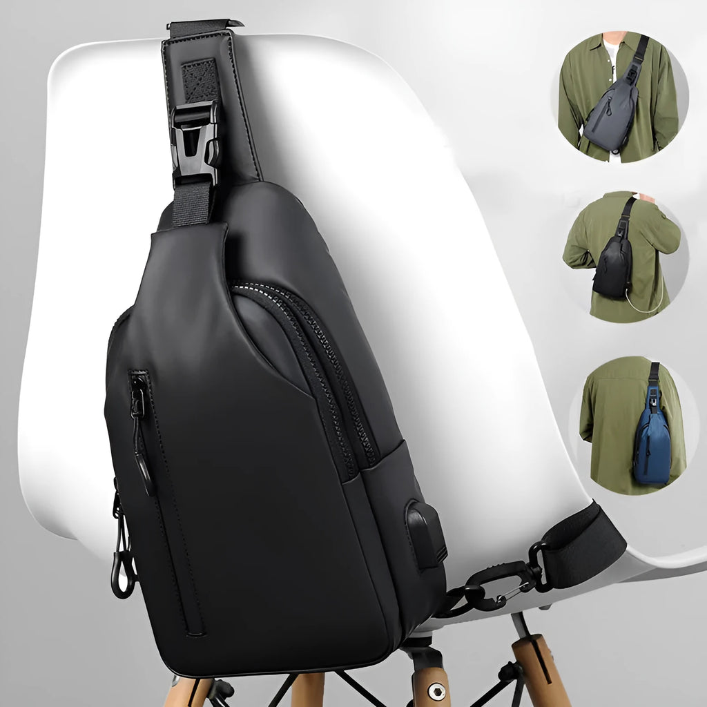 Black sling crossbody chest bag for men, simple city style, vertical square shape, zipper closure, soft surface, blue black grey