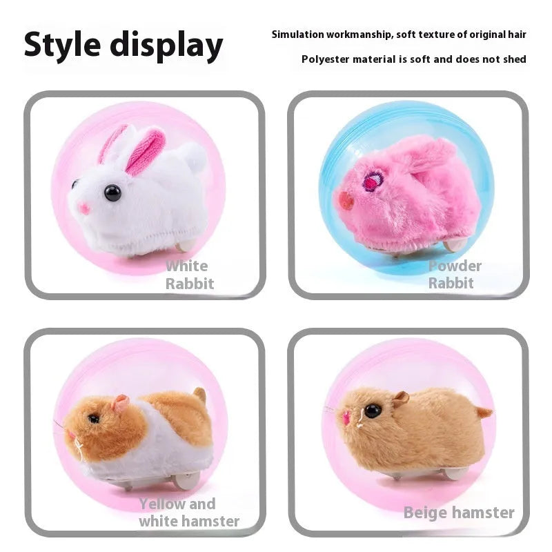 Hamster rolling ball toy set with transparent plastic sphere, plush shell in beige, and battery base on a floor