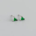 Simple triangle colour zircon stud earrings in 925 sterling silver with blue stone and gold needle on white background