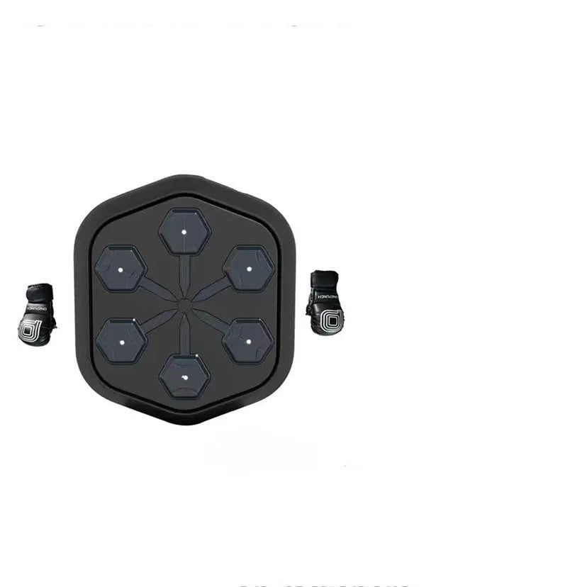 Black smart music boxing machine with Bluetooth connection and included gloves
