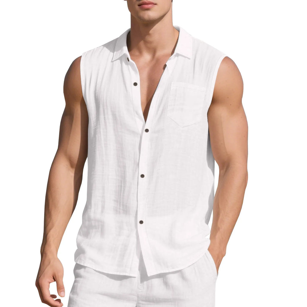 Sleeveless linen polo collar cardigan vest in solid colour, loose fit, front view