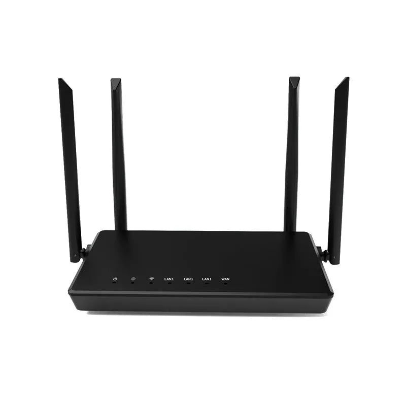 Portable white or black 300 metre WiFi router with 5 ports on rear panel.