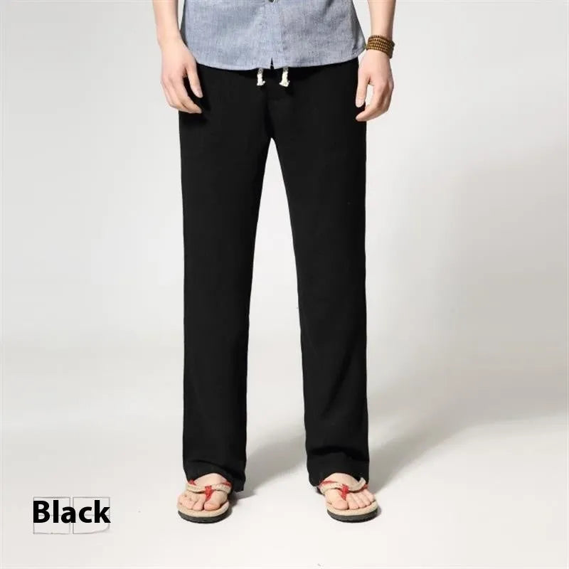Men's loose straight cotton and linen casual trousers in solid colour, mid-waist, zip fly, stone-washed finish