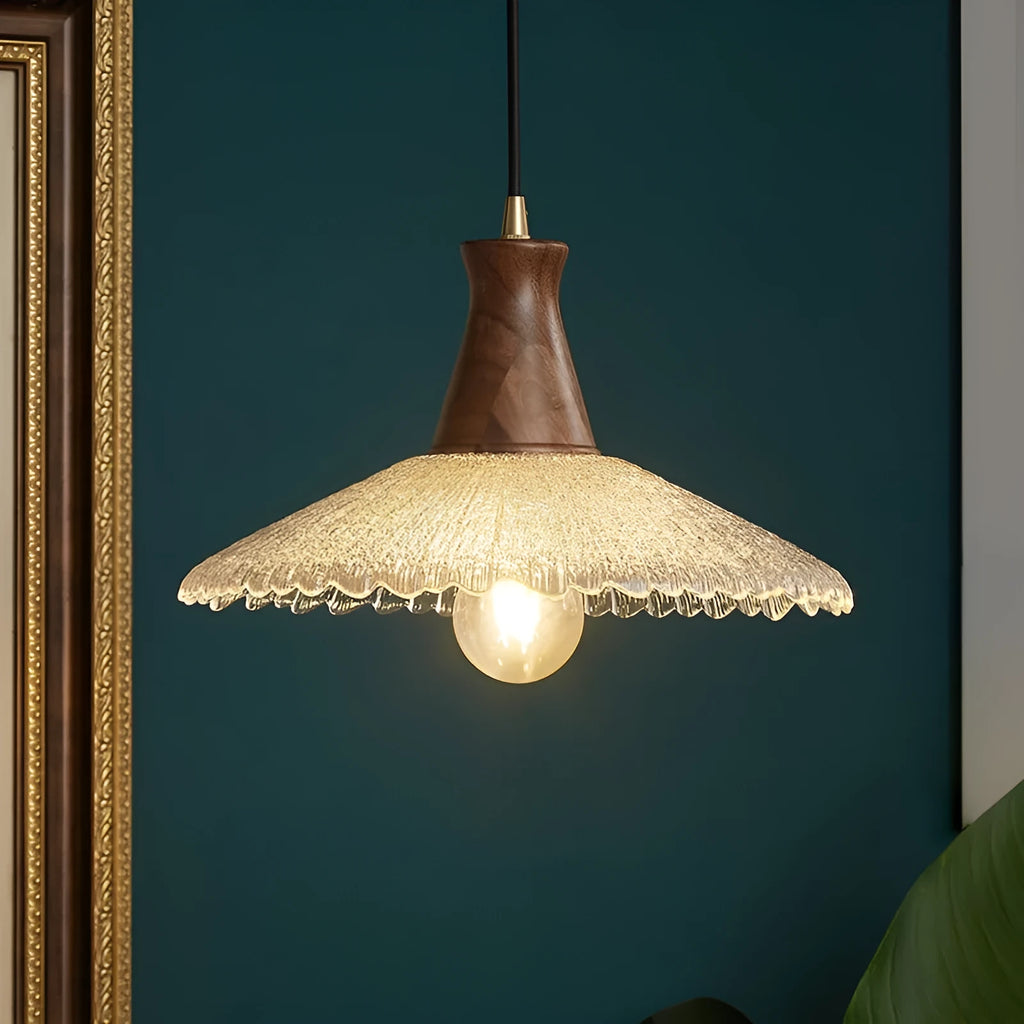 Woodcraft ceiling lamp with glass lampshade and brass electroplated finish in traditional design