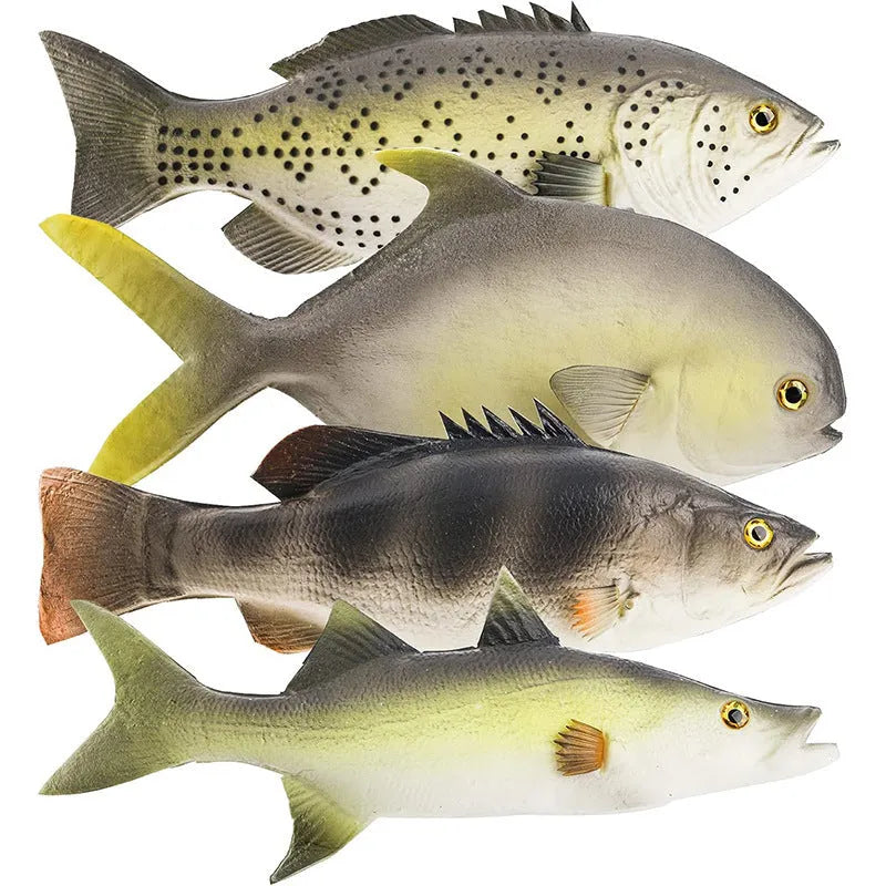 Set of three PU simulated fish models: yellow-fin tuna, small tuna, and yellow croaker for aquarium decor.