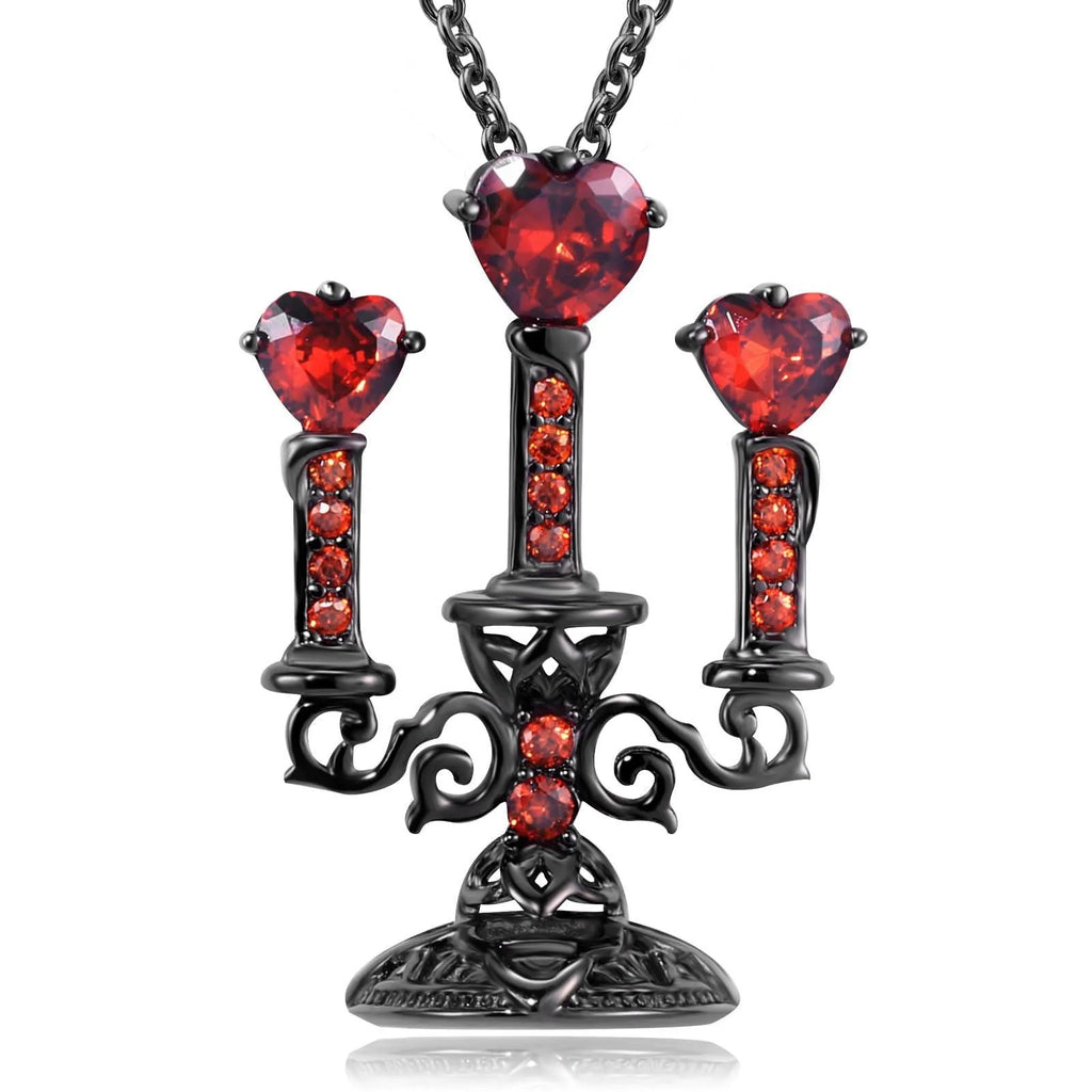 Close-up of a women's Gothic alloy necklace with a hollow candlestick pendant and cross chain links.