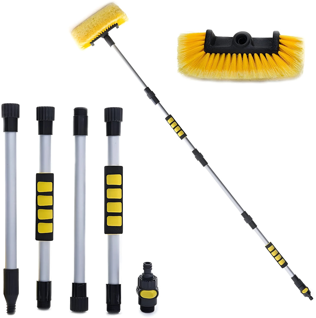 Yellow portable car wash brush with four-section rod on a clean car surface, showing flow-through design