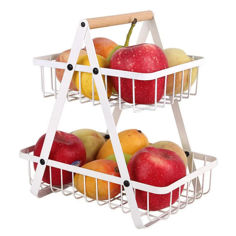 Detachable double-layer iron fruit basket with wooden handle in black on a tabletop