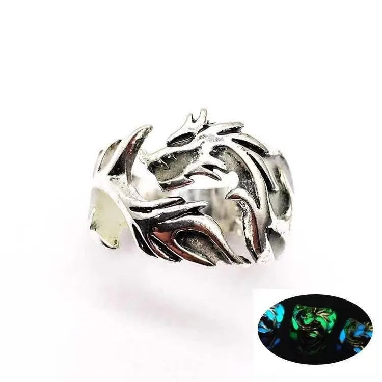 Adjustable Chinese style ring with luminous dragon pattern in antique silver blue and green