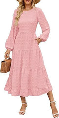 Women's long sleeve high waist dress in beige with ruffled sleeves