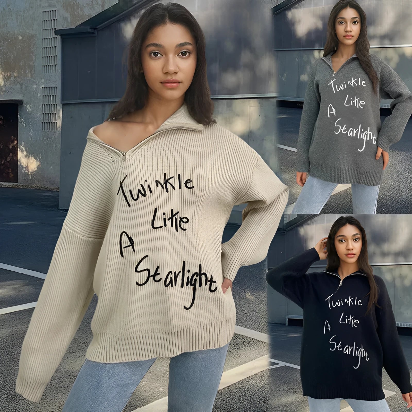 Light khaki women's alpaca wool pullover sweater with a diagonal front zipper and turtleneck.