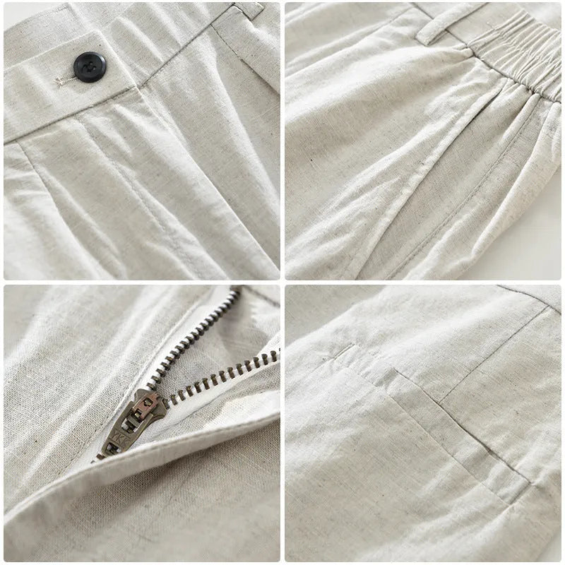 Men's loose straight cotton linen pants in raw jute colour, mid rise, zipper fly, side view on model