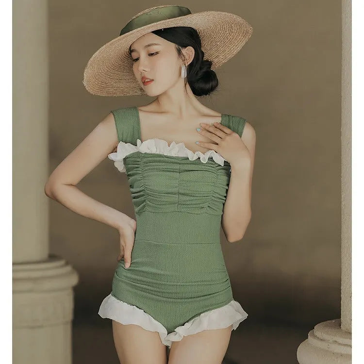 Triangle quick-drying slimming one-piece swimsuit for women in black, green, or pink, sizes M L XL