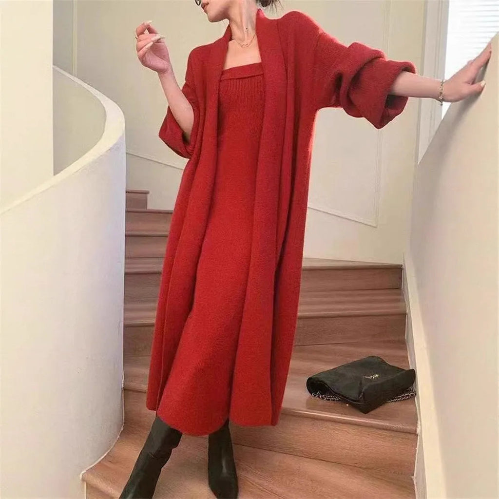 Women's grey knitted cardigan and long skirt dress suit with flocking detail
