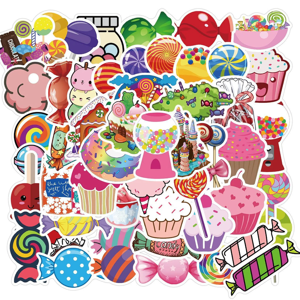 Pink pack of 50 colourful Candy series graffiti stickers with cartoon patterns, each sticker 4-6cm long.