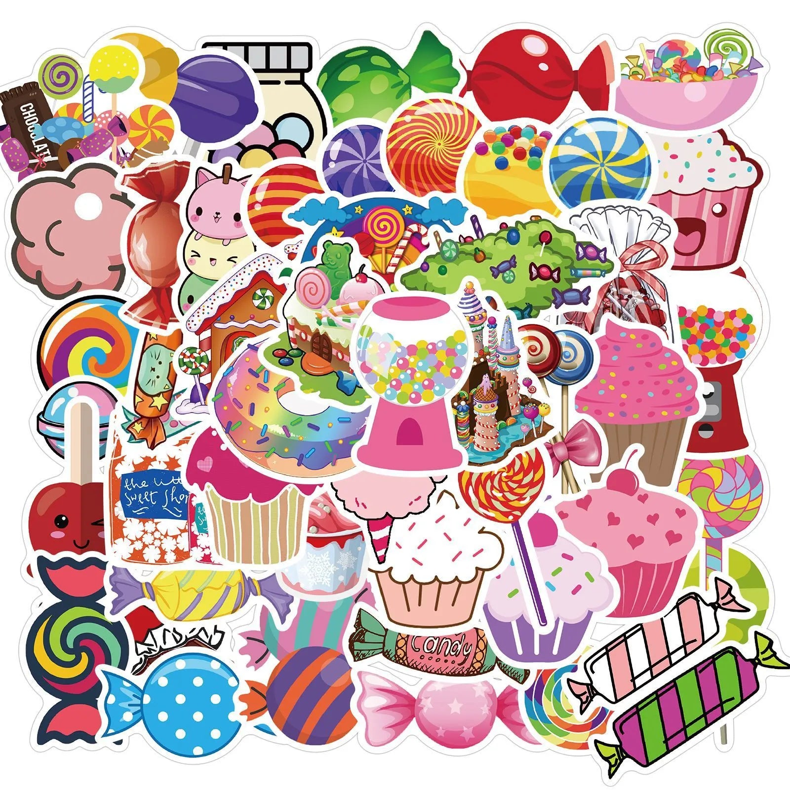 Pink pack of 50 colourful Candy series graffiti stickers with cartoon patterns, each sticker 4-6cm long.