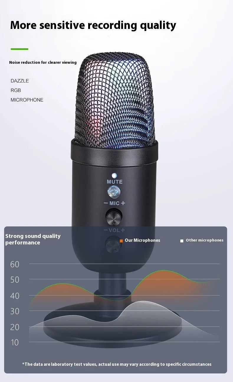 Black USB microphone with RGB lighting on a desktop for live karaoke and recording
