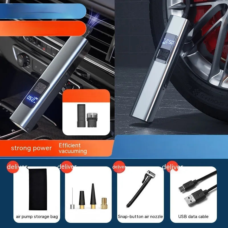 Wireless digital display car air pump with vacuum cleaner function and emergency lighting