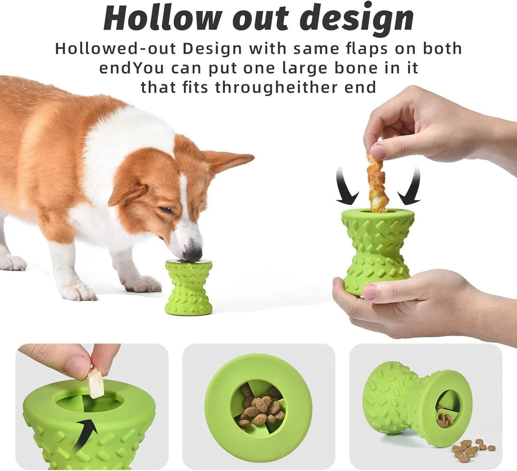 Blue natural rubber dog chew toy with hollow treat-dispensing centre and bone shape
