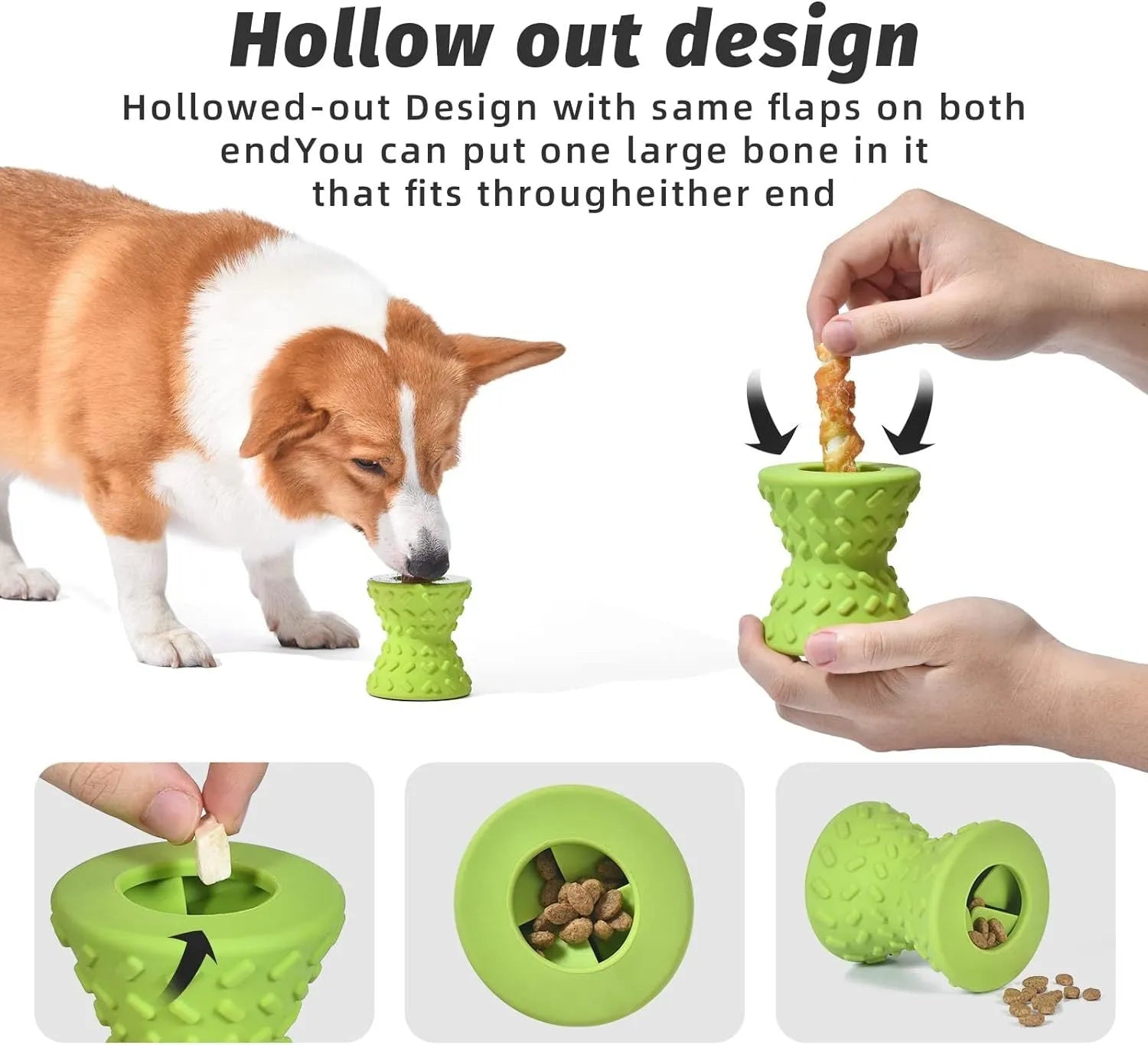 Blue natural rubber dog chew toy with hollow treat-dispensing centre and bone shape