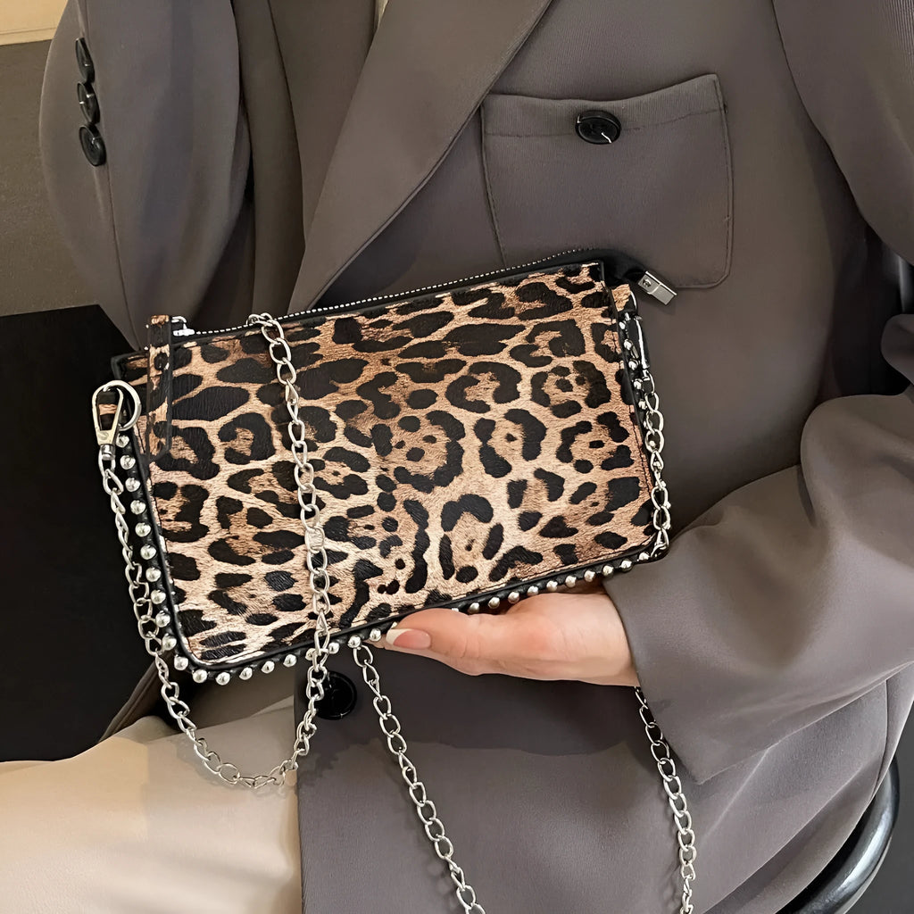 Western style niche casual crossbody underarm women's bag in dark brown PU with chain detail and single strap