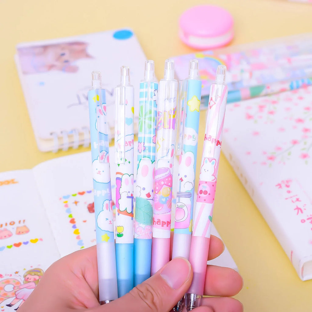 Pack of six black ink pens with cartoon bunny design and 0.5mm fine tips.