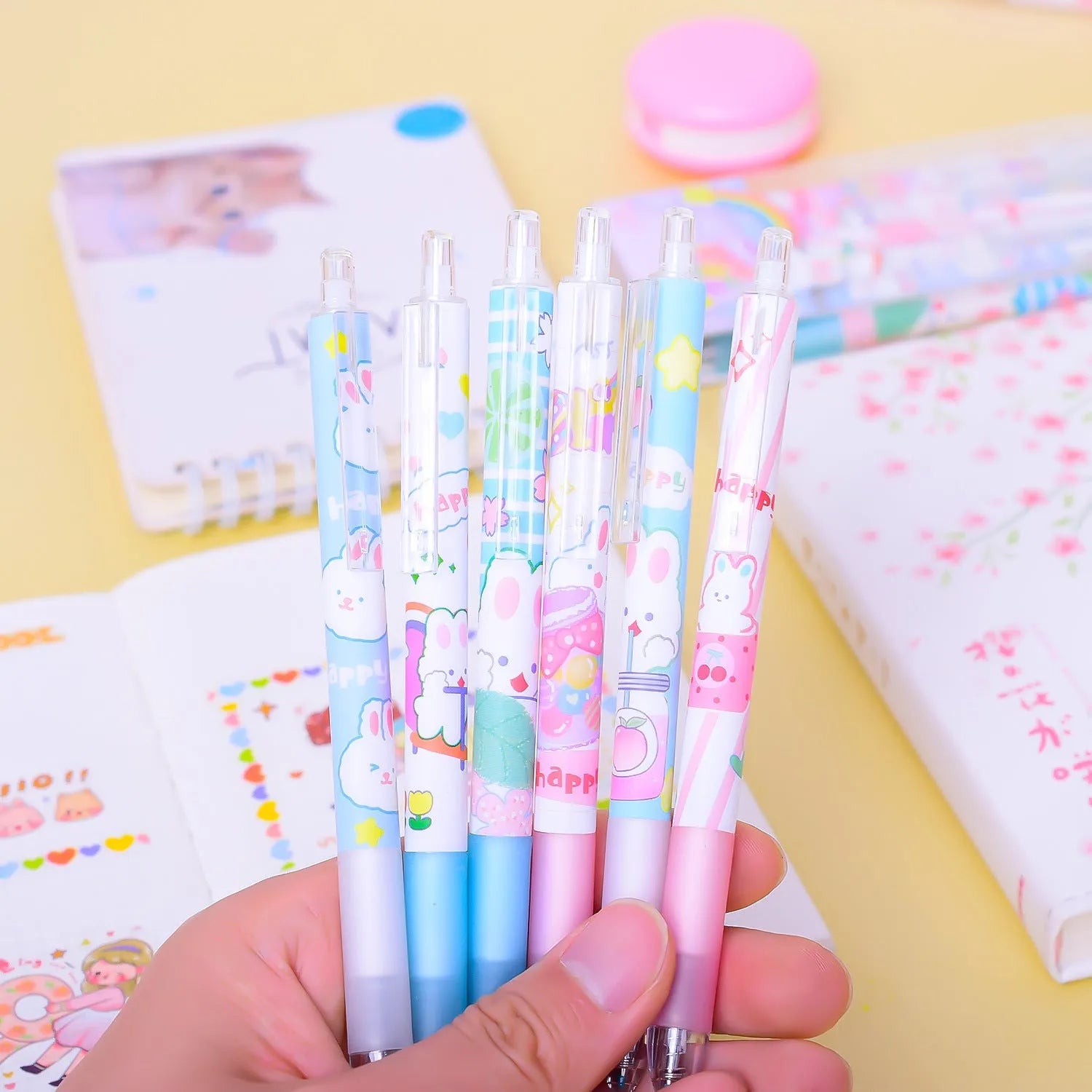 Pack of six black ink pens with cartoon bunny design and 0.5mm fine tips.
