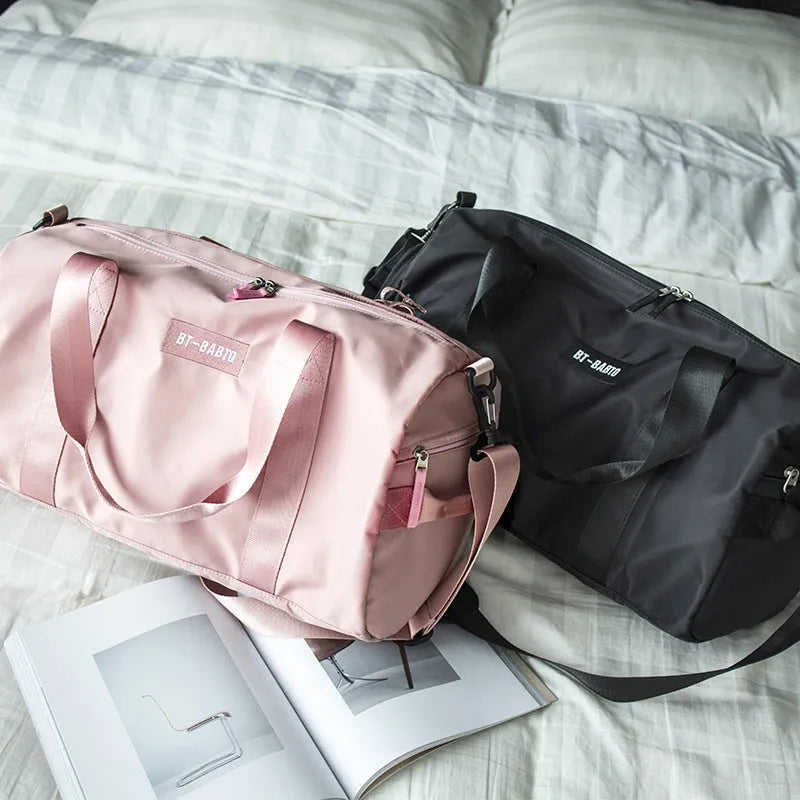 Women's casual portable sports bag in beige nylon with letter pattern and contrast colour details