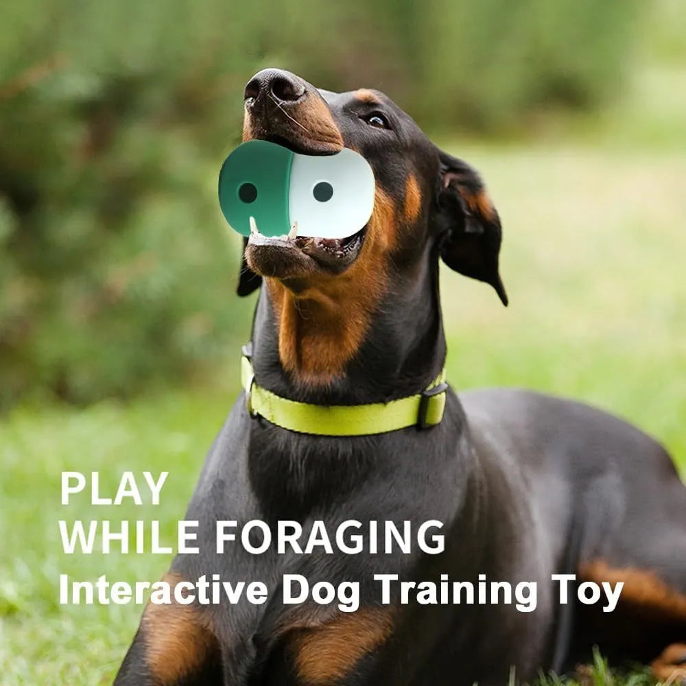 White and blue food-grade silicone dog treat puzzle ball measuring 8cm by 11cm