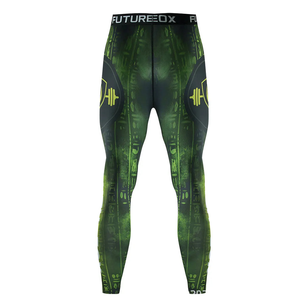 Man wearing a slim-fit, long-sleeve printed sports suit for running and outdoor activities.