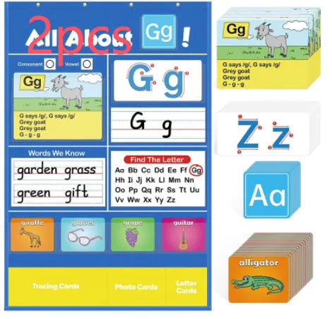 Alphabet learning chart playmat with word, letter, picture, and song cards laid out.