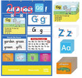Alphabet learning chart playmat with word, letter, picture, and song cards laid out.