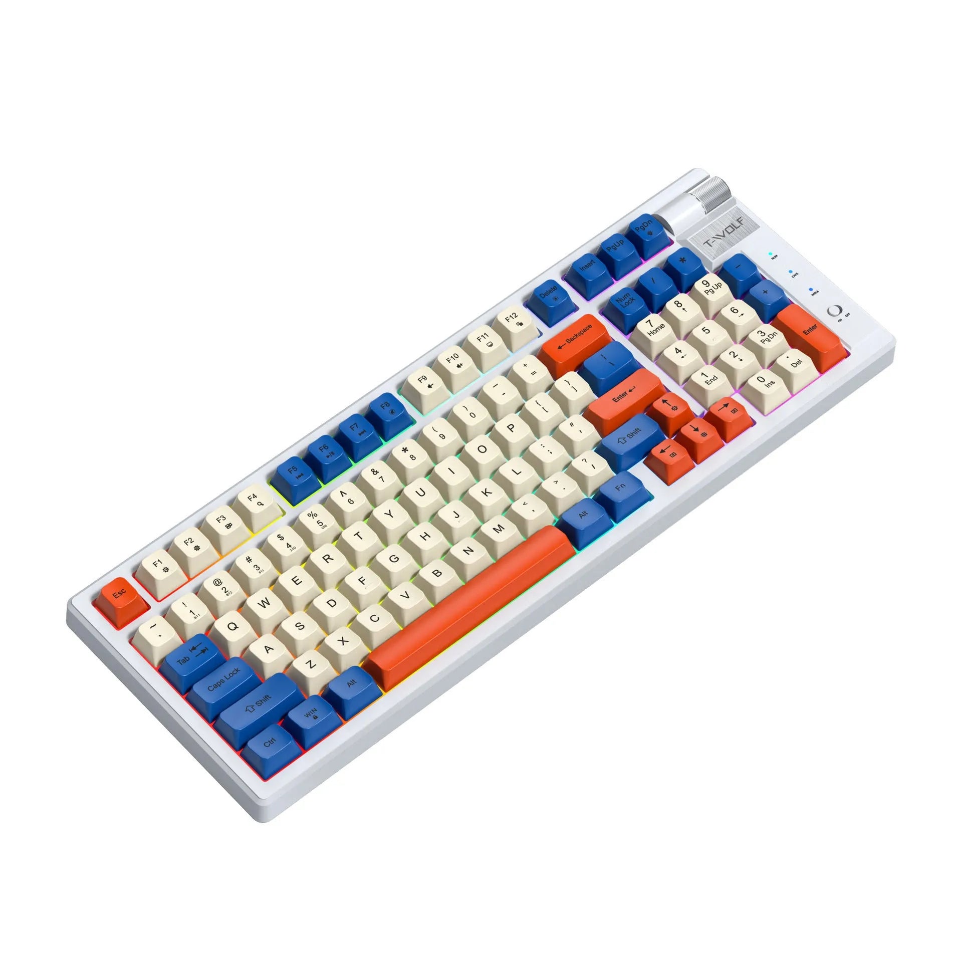 Bluetooth charging gaming mechanical keyboard in black and red colour, side view showing keys, 404mm width, with USB cable
