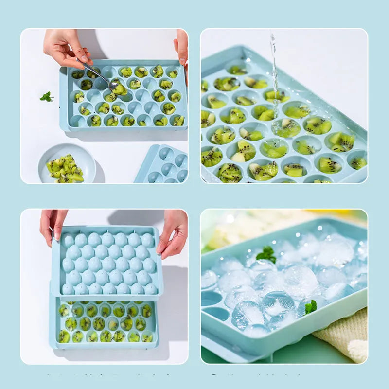 Round ball ice cube tray in sky blue with 33 grids, empty and filled with water, on a kitchen countertop