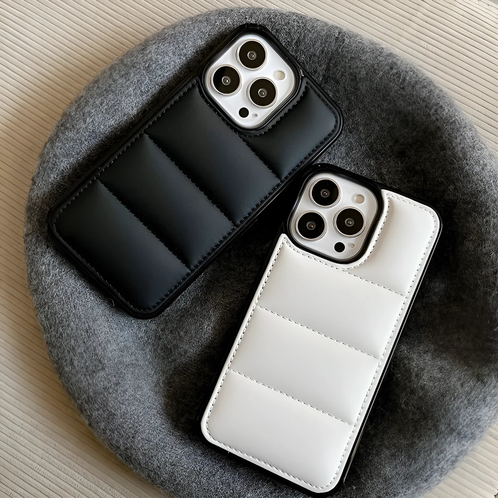 Candy down jacket shape phone case with TPU+PC protection, black colour, for iPhone model