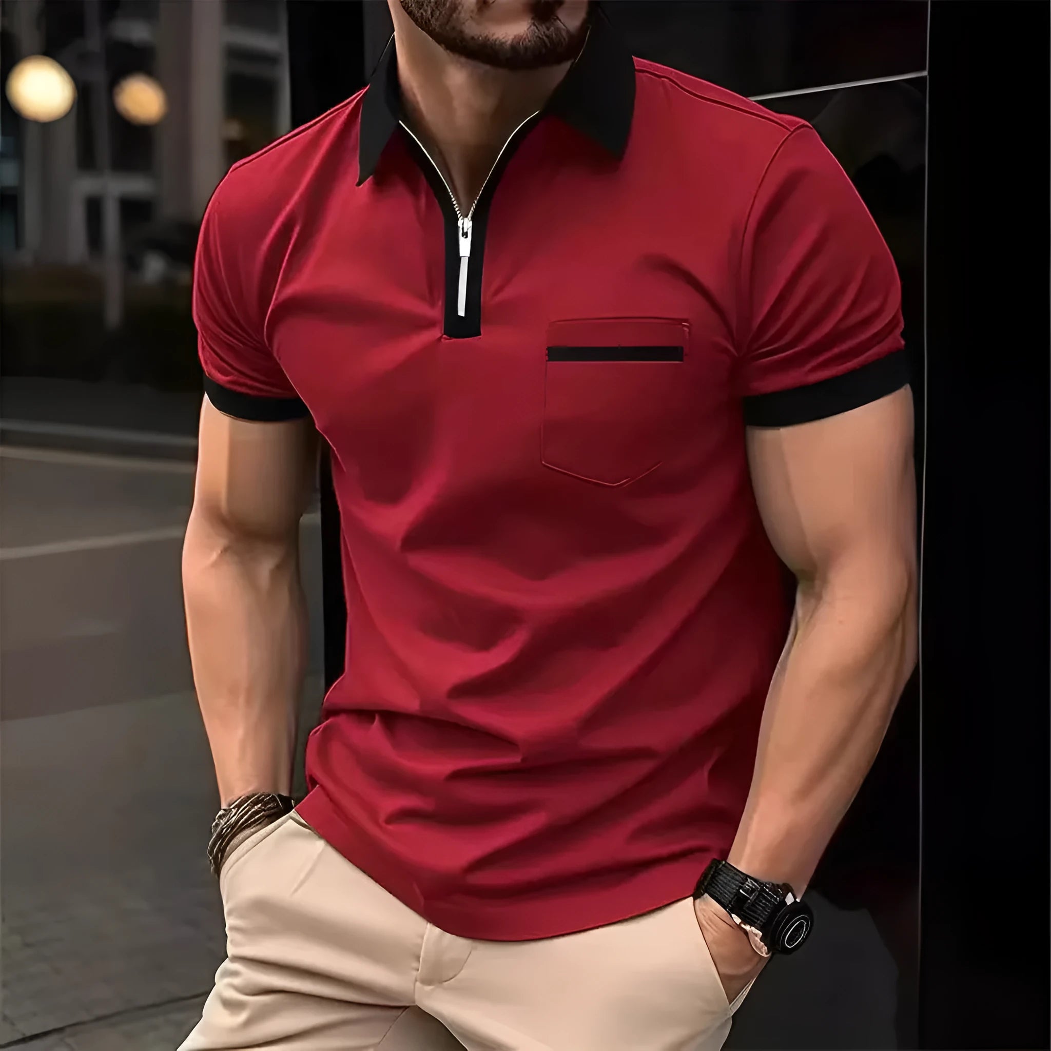 Men's casual short sleeve shirt with chest pocket and zipper decorations in chemical fibre blend fabric
